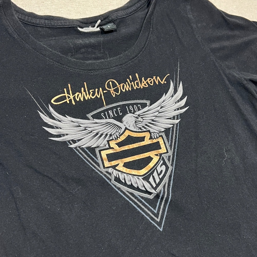 Harley Davidson Womens Black T-Shirt Eagle Wings‎ Logo 115th Anniversary Large